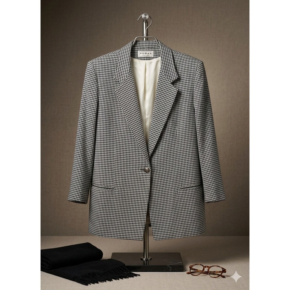Dumas VTG Houndstooth Blazer‎ Women SZ 16 Navy/White Crest Button USA Made